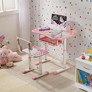 Amazon Brand - Supples Study Table for Kids | Suitable for 3-12 Years | Kids Study Table with Height Adjustable Table & Chair, Book Storage & Pen Holder | Pink | Candy Print
