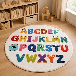 Alphabet Educational Rug Soft Round Kids Rug Cheerful Youngsters Floor Mat for Bedroom 120x120cm Alphabet 01