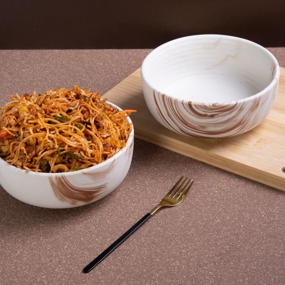 Serving Bowls | Set of 2 | 1.5 ltr | Stoneware Ceramic | Toxin Free | BPA and Lead Free | Microwave & Dishwasher Safe bowls for Snacks,Rice,Dal,Fruits,Salad,Pasta,Noodle| Brown marble | Converge