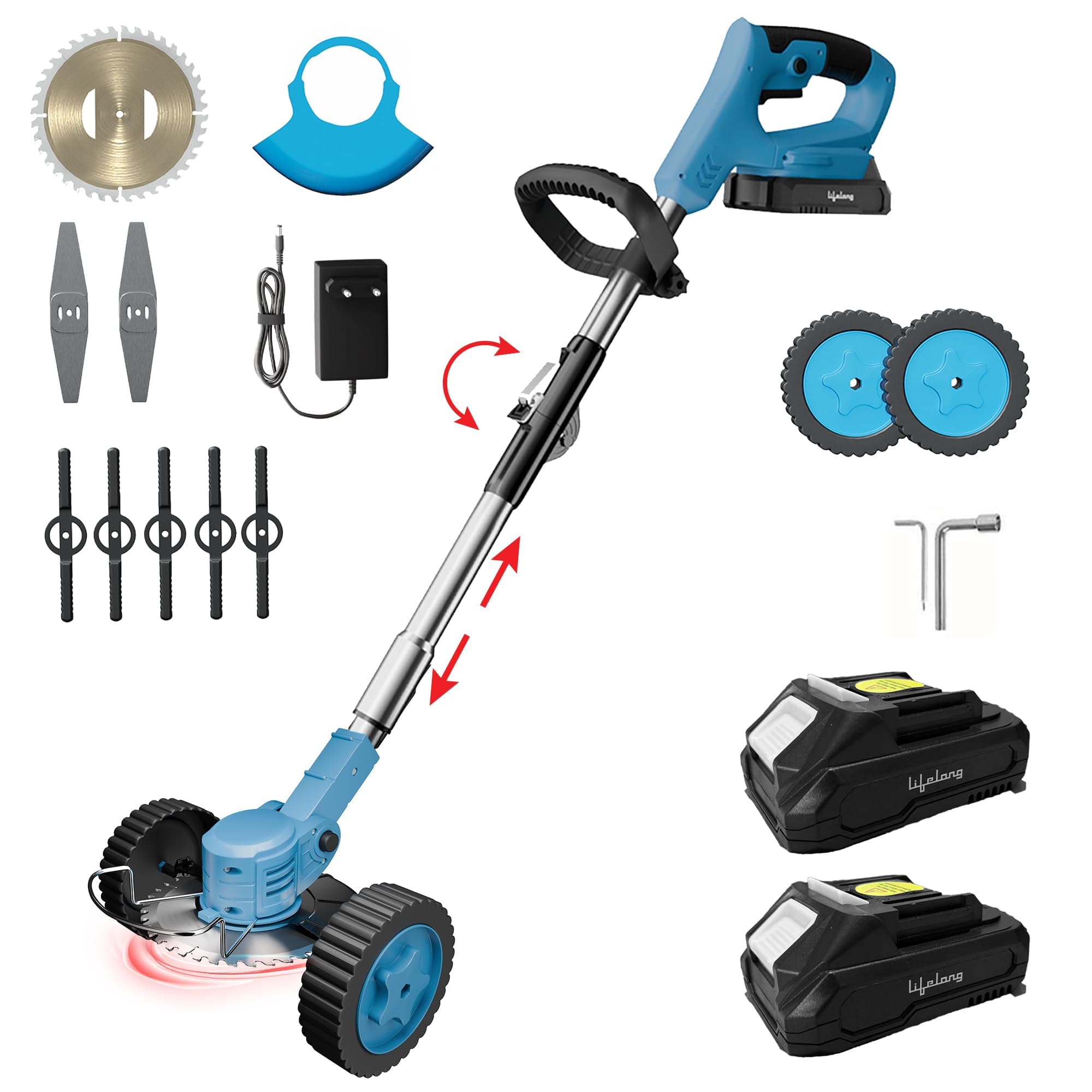 Lifelong Cordless Grass Cutter Machine for Garden | Weed Cutting Tool | Easy Storage with Adjustable Height & Foldable Handle | 2 x 21V Battery | 25cm Cutting Width | 3 x Heavy-Duty Blades