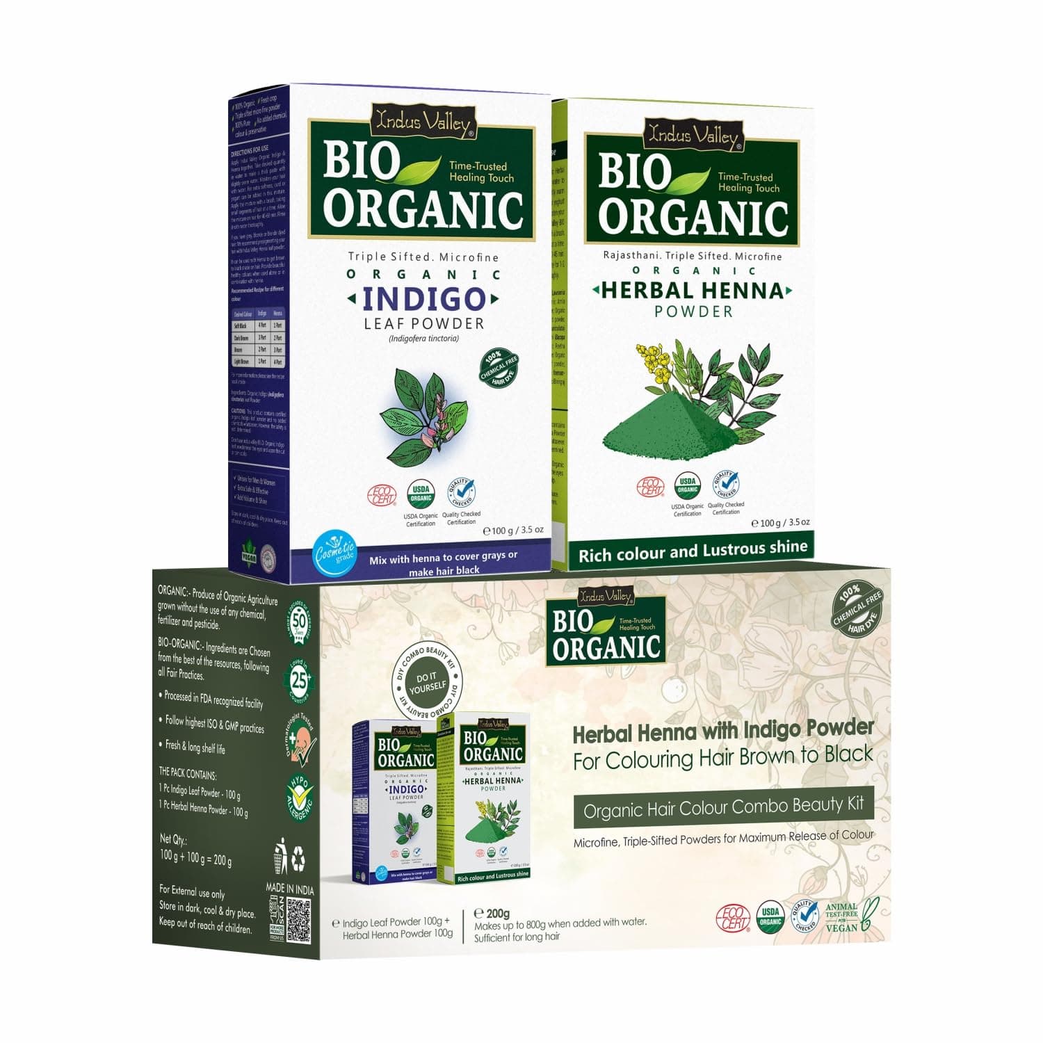 INDUS VALLEY Bio Organic 100% Pure and Natural Indigo Powder and Herbal Henna Powder Combo for Hair Colour (100gm Each)