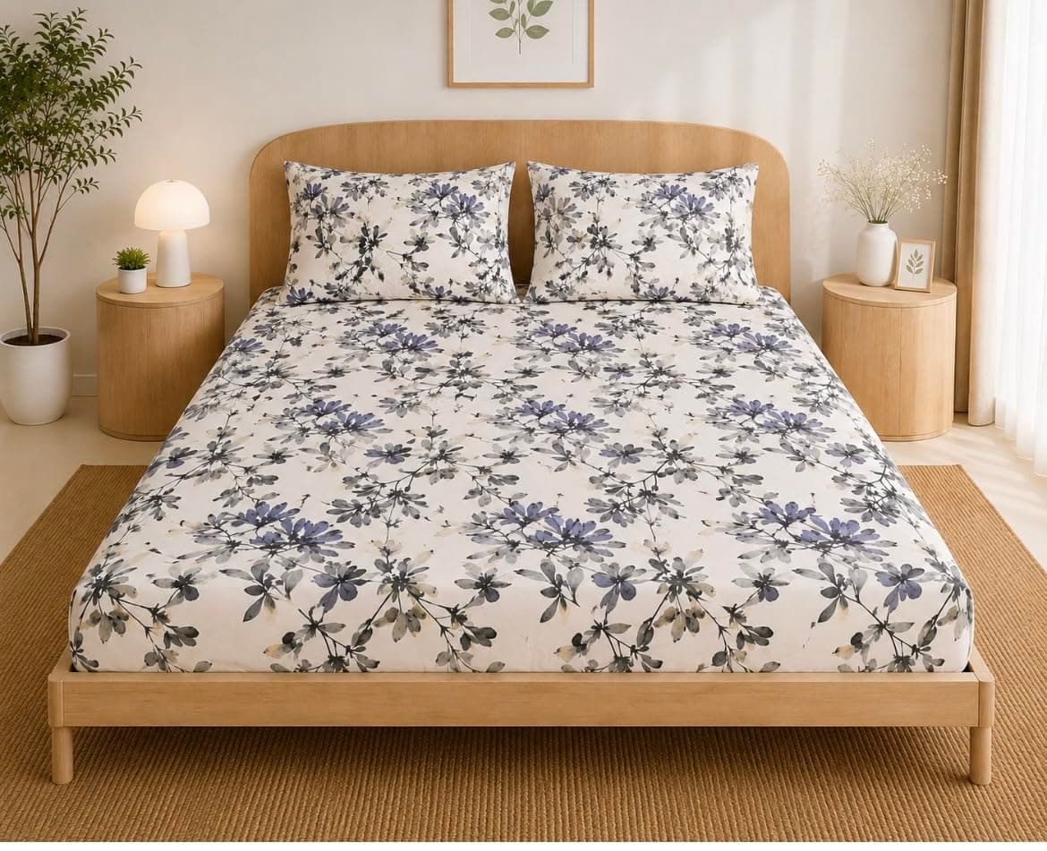 AKSHOME 300 TC Super King Size Fitted Bedsheet | Elastic Cotton Feel Printed Bedsheet for King Size Bed | 84x78 Inches | Soft & Comfortable Bed Cover with 2 Pillow Covers (jhad)