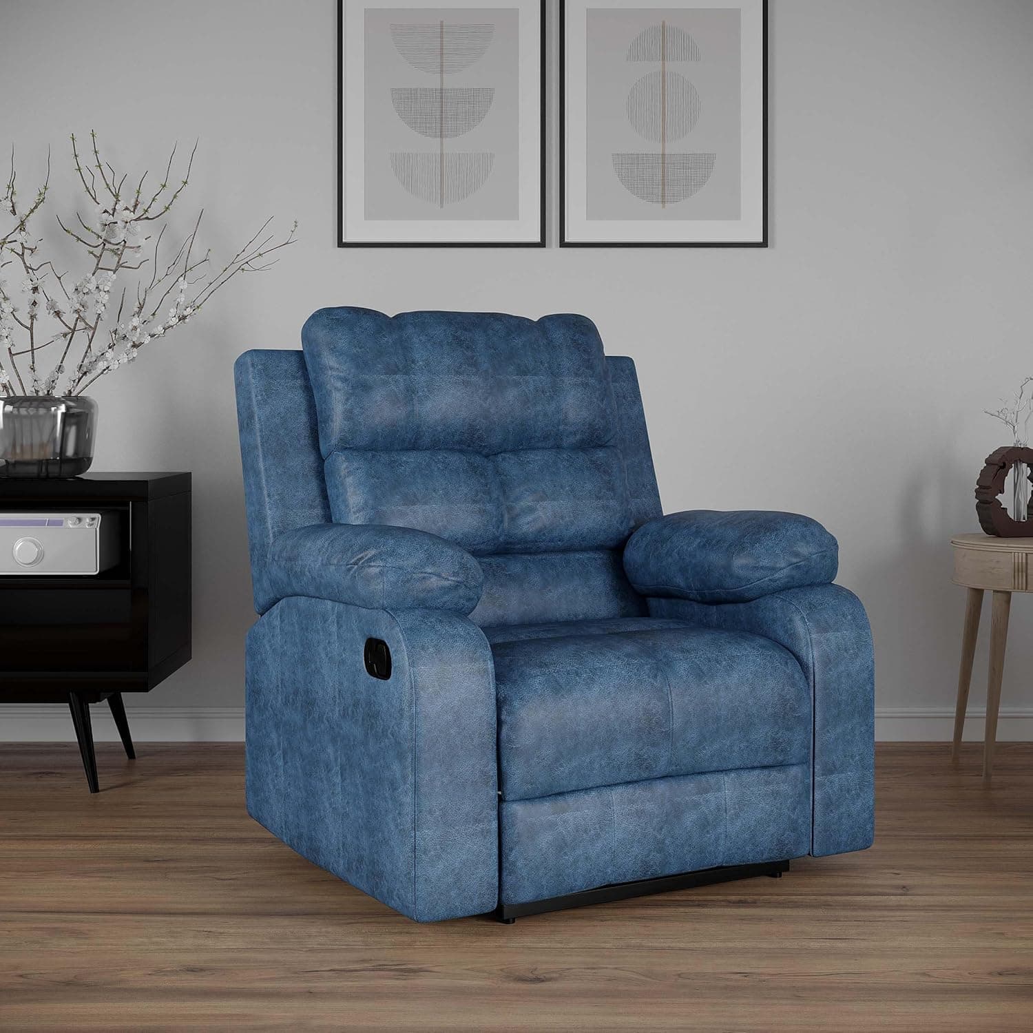Amazon Brand - Solimo Perfect Loung Suede Fabric | Single Seater Sofa Recliner | Manual Recliner | Blue Color