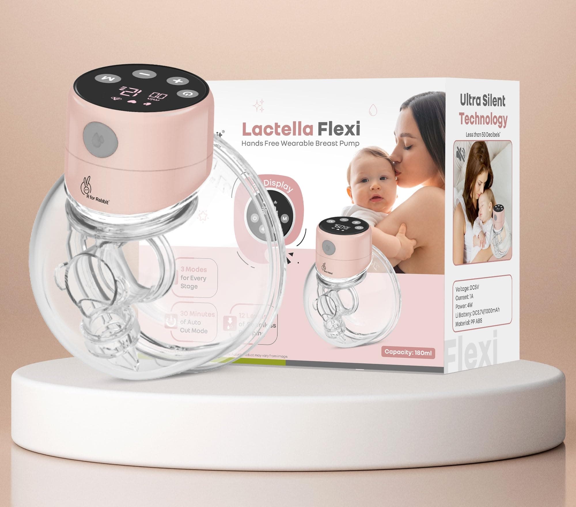 R for Rabbit Lactela Flexi Electric Breast Pump with LED Display for Mothers 3-Intelligent Modes 12-Suction Levels Ultra-Thin Design & Silent Technology 180ml Container Capacity (Peach)