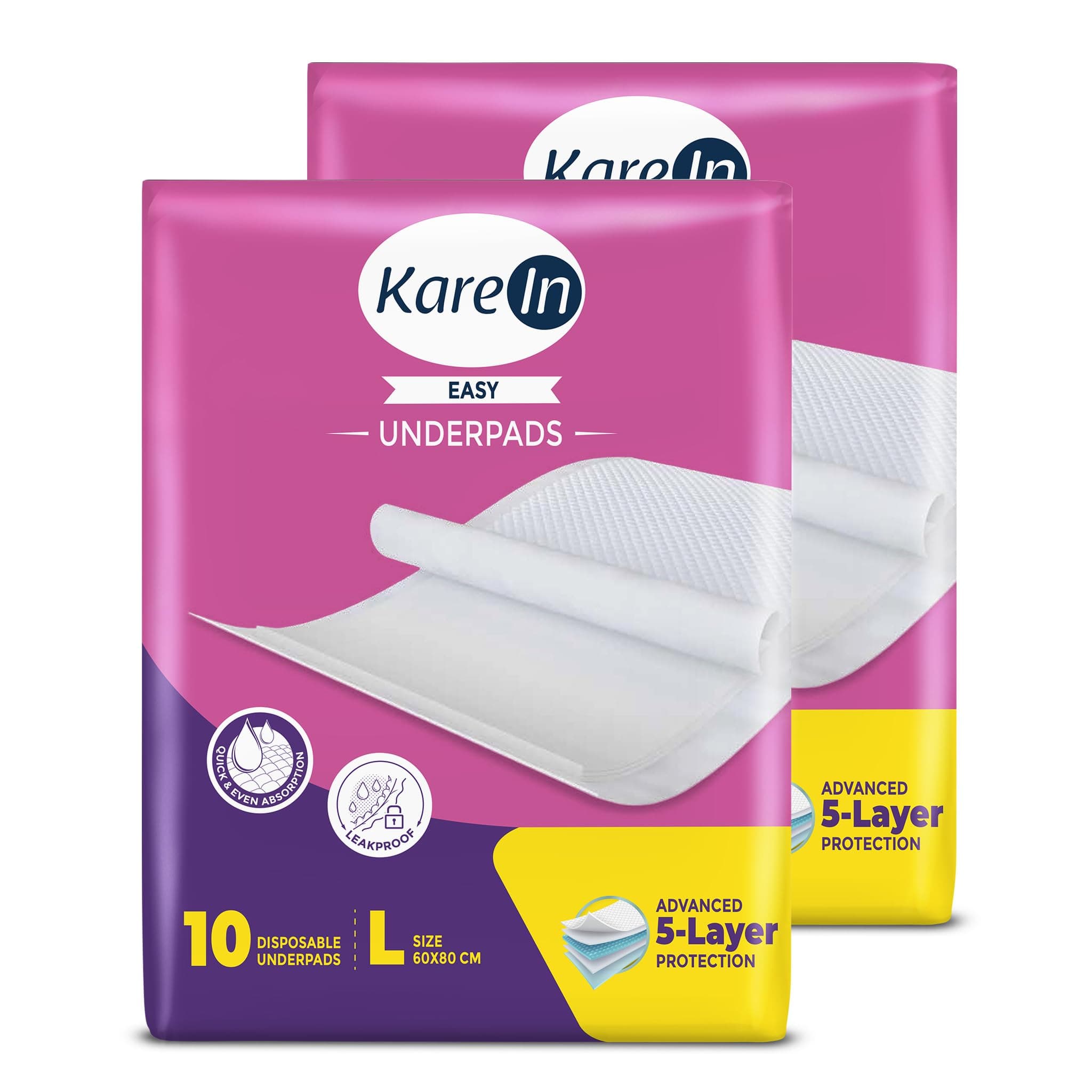 KareIn Easy Underpads for Adults, Large 60 x 80 cm, 20 Unit, Highly Absorbent, Anti-Bacterial, Rash Protection, Leak Proof, Protects Surfaces from Incontinence, Odor Control, Super Soft