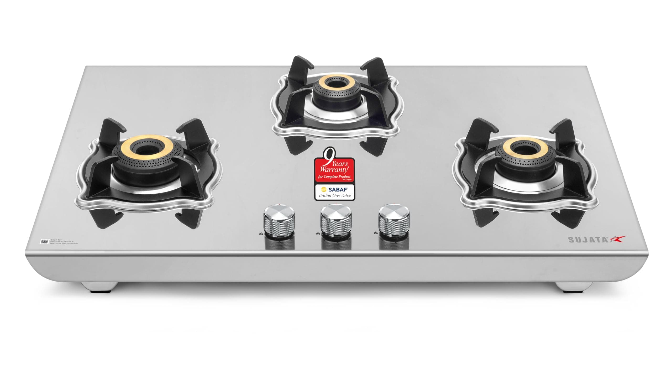 Sujata Robusto Gas Stove 3 Burners Steel | 9 Years Warranty, ISI Certified | 3 Burner Gas Stove Stainless Steel, Jumbo Brass Burner, LPG Ready & PNG Compatible (Steel Finish)