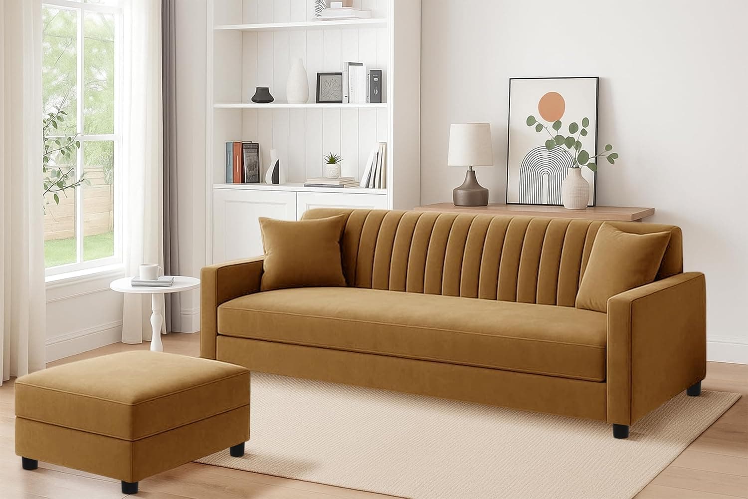 Rosebell Sofa with Ottoman Combo Three Seater Sofa Set with Matching Footrest for Living Room & Office, Guest Room - Golden Color