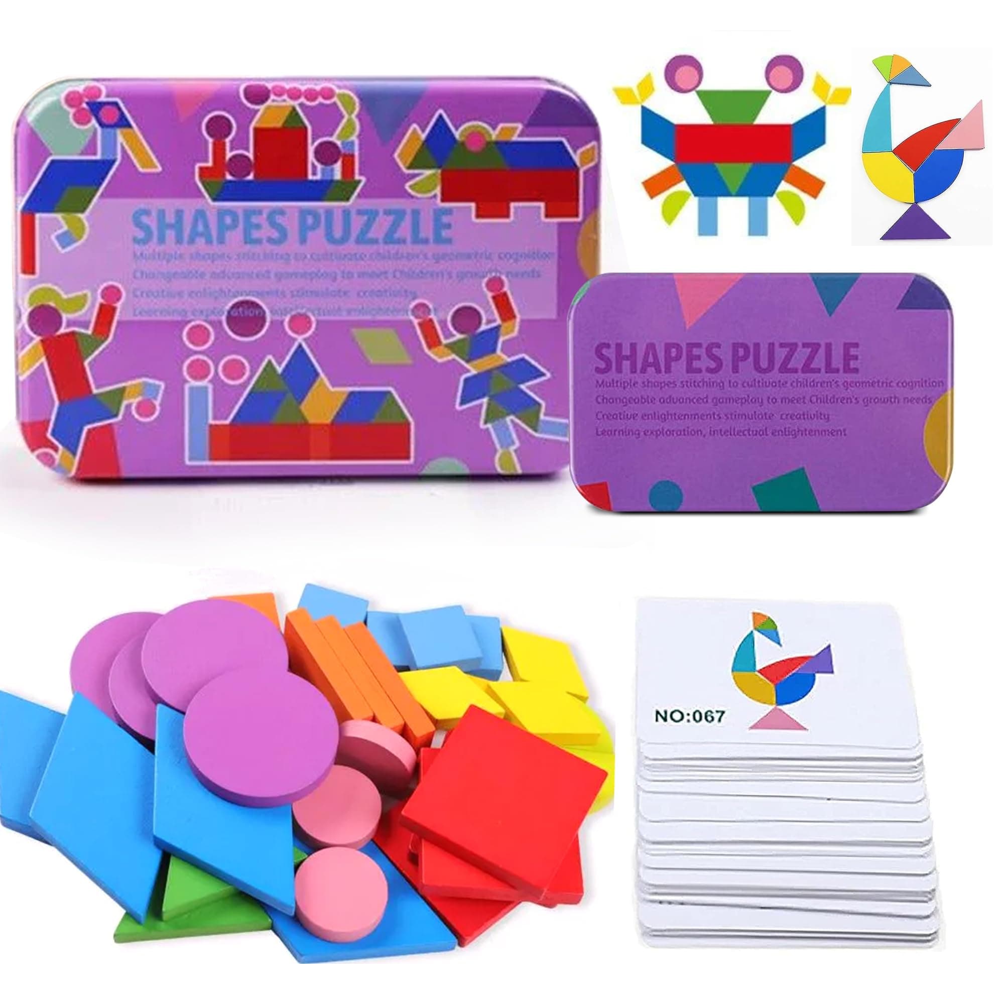 Kidology 34-Piece Wooden Shape Puzzle Toy Set for Toddlers – Early Learning Educational Toy with 60 Cards in Durable Iron Box, Colorful Shapes and Patterns for Kids Age 3+ Years (Purple)
