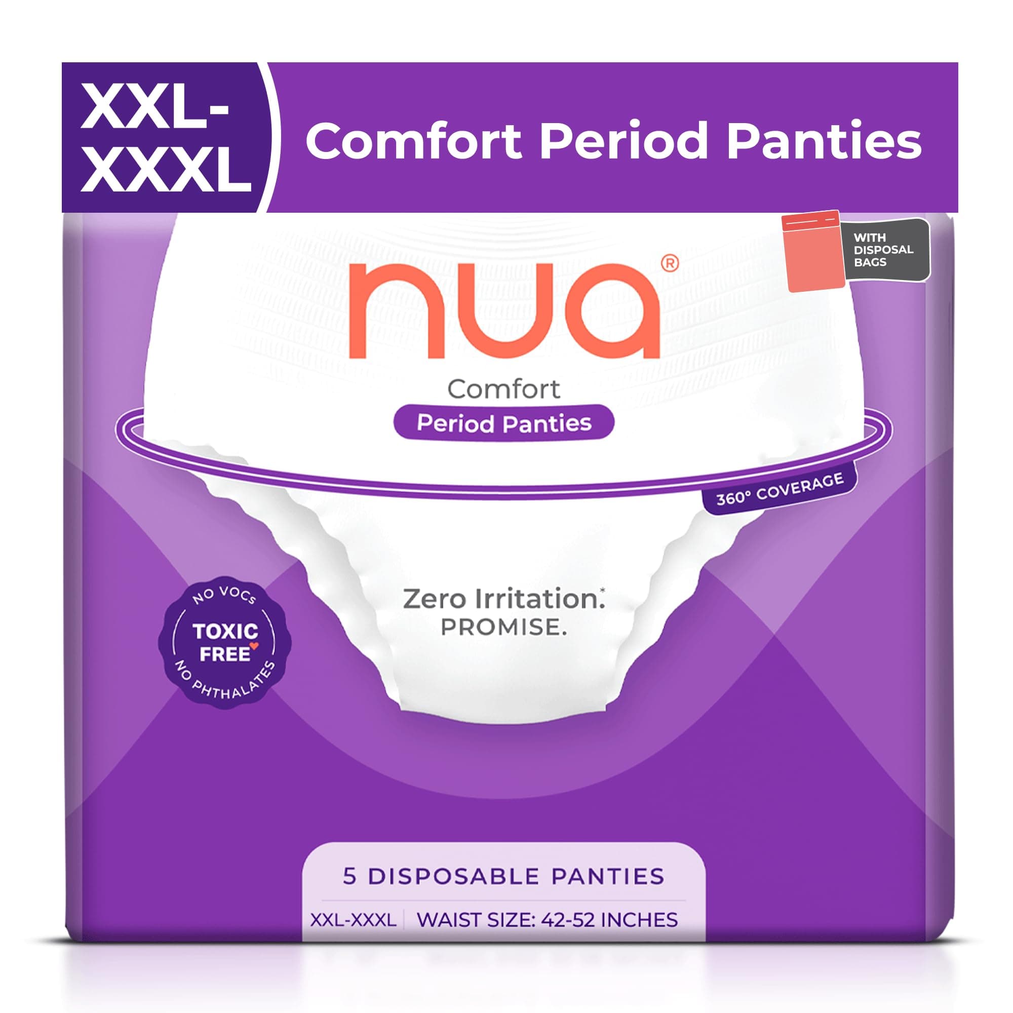 Nua Comfort Period Panties (XXL-XXXL) | Pack of 5 | Disposable | 360° Coverage | Zero Irritation | 4x Comfort | For Heavy Flow | No rashes | Leakproof | Seamless | 100% Toxic-Free, Dermatologically Tested