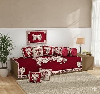 FRESH FROM LOOM 500 TC Velvet Chenille Fabric Reversible Diwan Set (Pink) - 8 Pcs ; Maroon Color; Size Single Bed