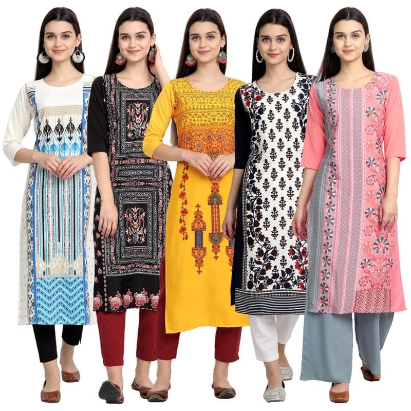 Pinkmint Women's Printed Kurti for Women's Round Neck Straight Kurti for Women (Pack of 5 | Avaiable in Plus Size)