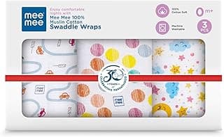 Mee Mee 100% Muslin Cotton Swaddle Wrapper Set (Pack of 3) | Soft, Quick-Drying & Highly Absorbent Baby Blanket Towel | Printed Mulmul Cloth for Newborn Essentials (Multicolour, 120 × 100 cm)