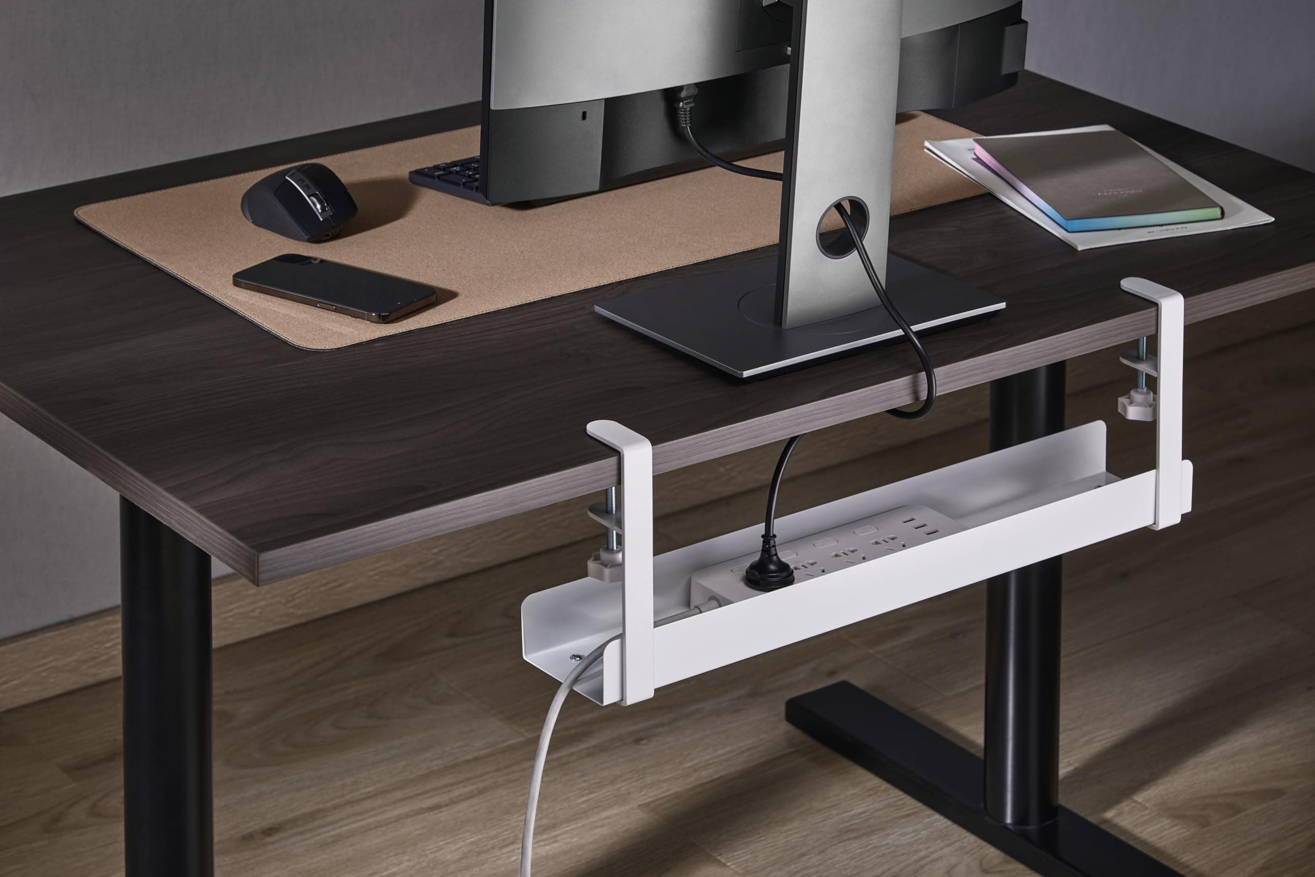 ErgoYou - Clamp-on Under Desk Cable Tray for Wire Management - Power Strip Tray and Charging Wires Organisor - Easy and Quick DIY Installation - 207 mm x 100 mm x 600 mm