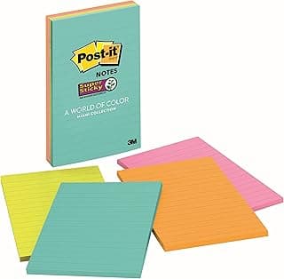3M Post-it Super Sticky Lined Notes | 2X Sticking Power | 4 Pads x 45 Sheets | 4" x 6" | Notes, Reminders, Study, School and organizing | Bright Neon Colours