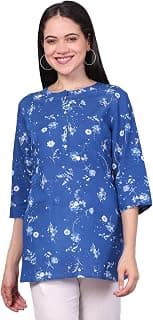 W for Woman Blue Floral Printed Beaded Rayon Flax Top