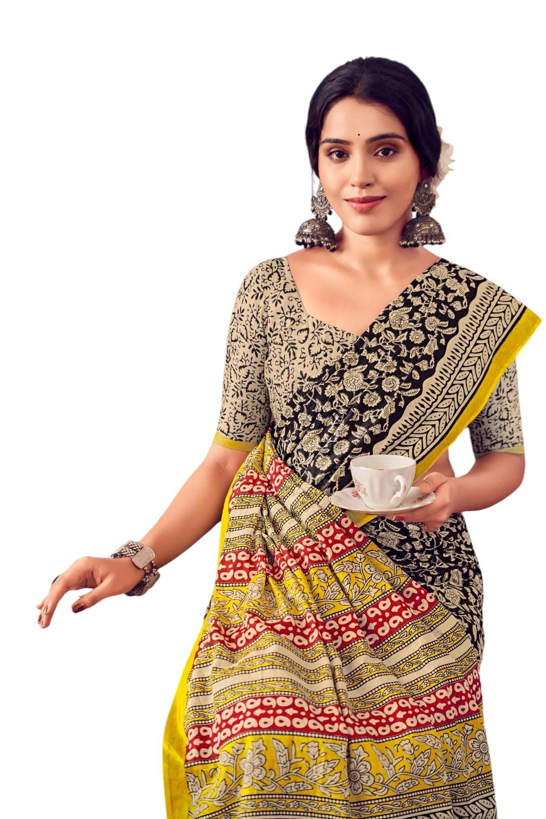 ETHNICCROWN Ikkat Hand Print Soft Mul Cotton Lightweight Saree with Blouse Piece, Multicolour