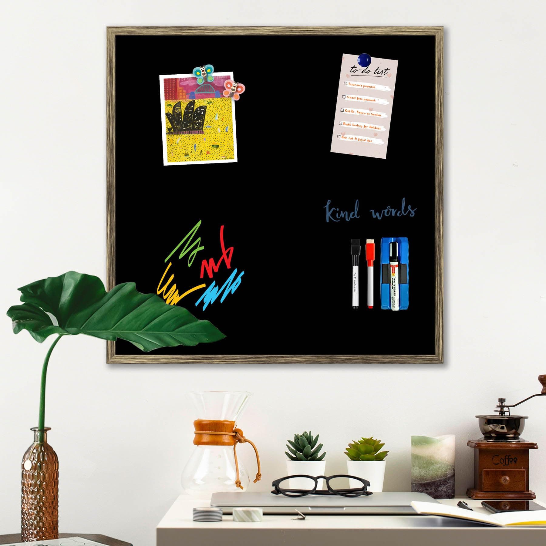 ArtzFolio Greys Family Black Colour | Framed Magnetic Dry Erase White Board | Includes Sticky Notes, Magnet Buttons & Markers | Antique Golden Frame | 24 x 24 inch (61 x 61 cms)
