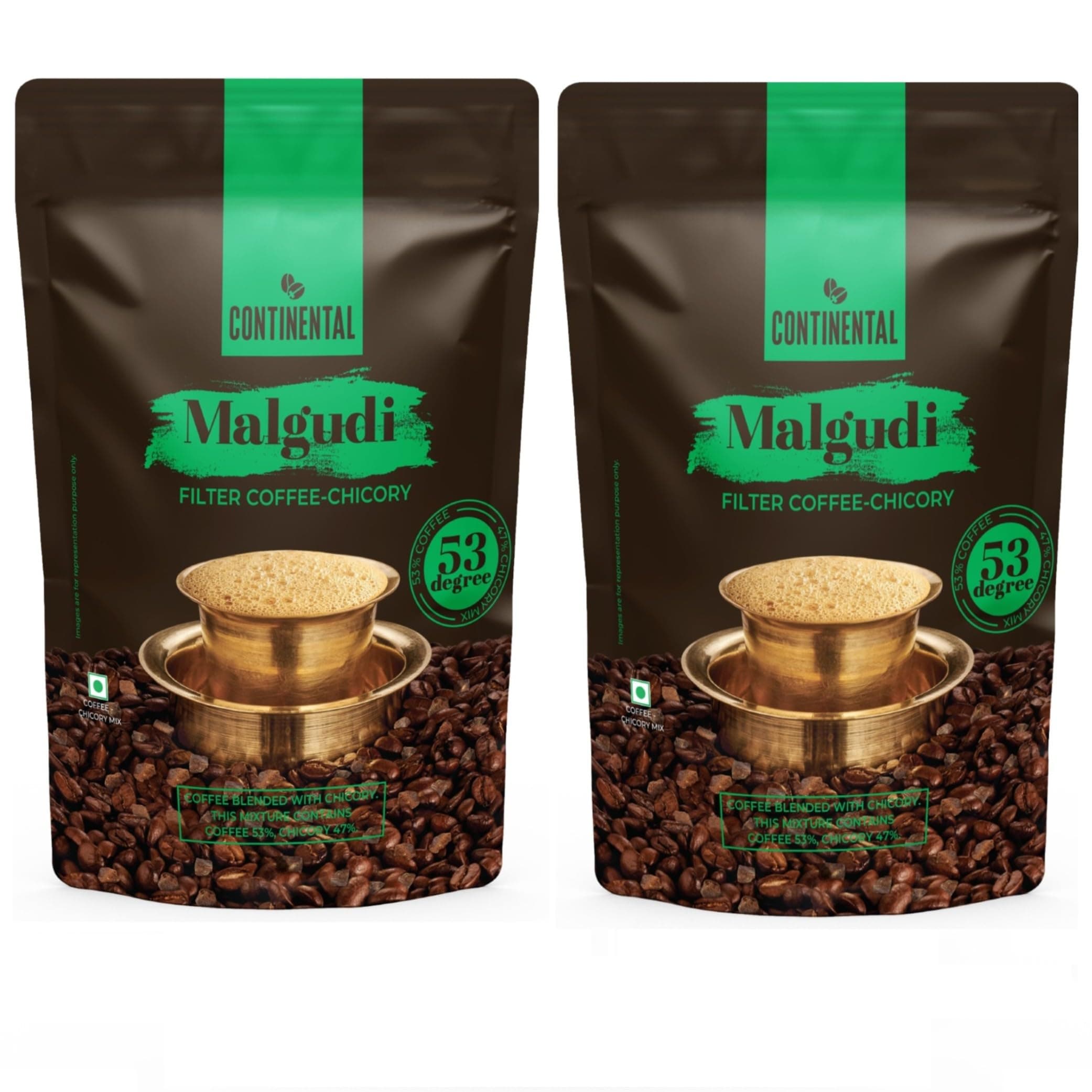 Continental Malgudi Filter Coffee 500gm Pouch (PACK OF 2) | (53% Coffee - 47% Chicory) | Traditional South Indian Filter Coffee Powder | Freshly Roasted Ground Coffee | 500gm*2-1KG