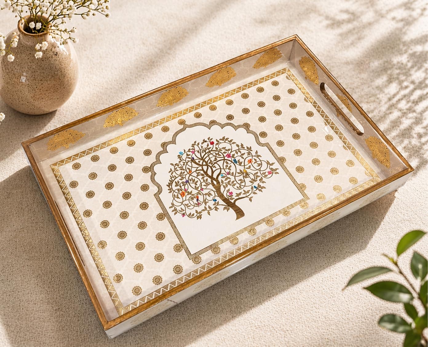 Epichunt™ Wooden Serving Tray with Gold Engraving| Set of 1 | 16 x 10 inch | Tray Set for Serving| Enamel Coated Waterproof| Decorative Trays | Tree with Golden Polkadot (L)