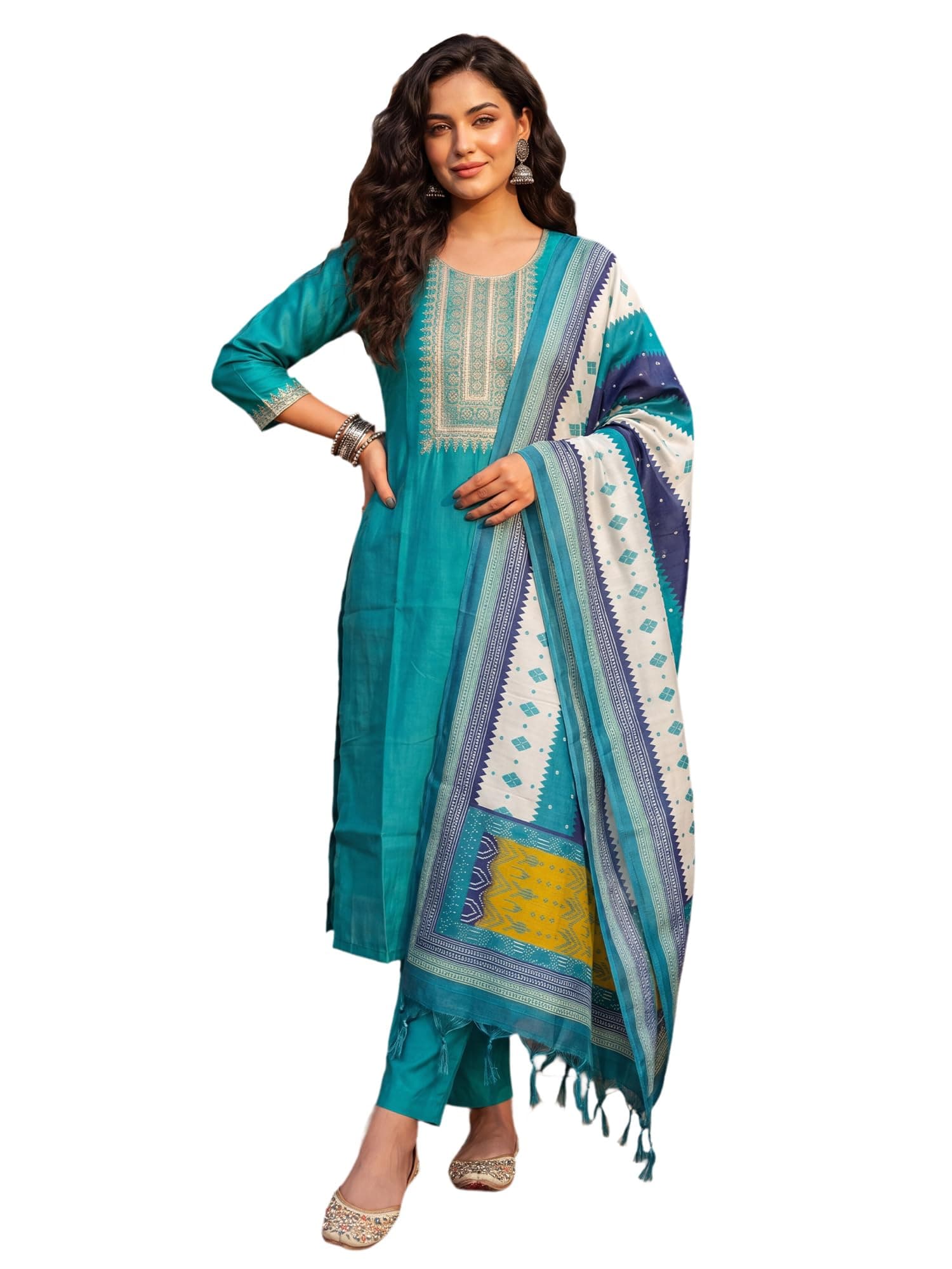 INDO ERA Women's Silk Blend Embroidered Sequinned Kurta & Pant with Dupatta Set