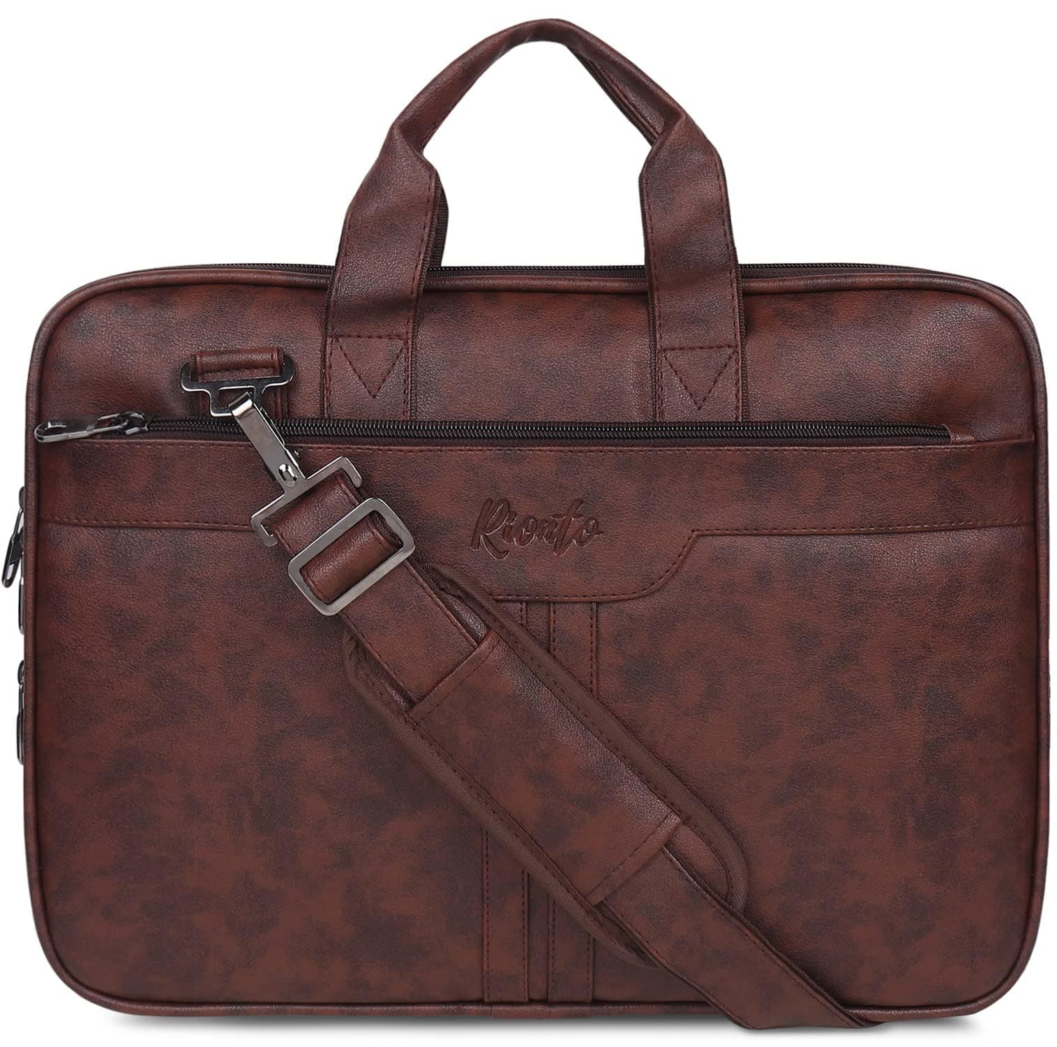 RIONTO Prime Vegan Leather Laptop Bags for Men Office Use | Upto 15.6 inch | Expandable Bottom | Mobile & Pen Compartment with Multiple Organizers | Professional Office Bag for Man & Women - Tan