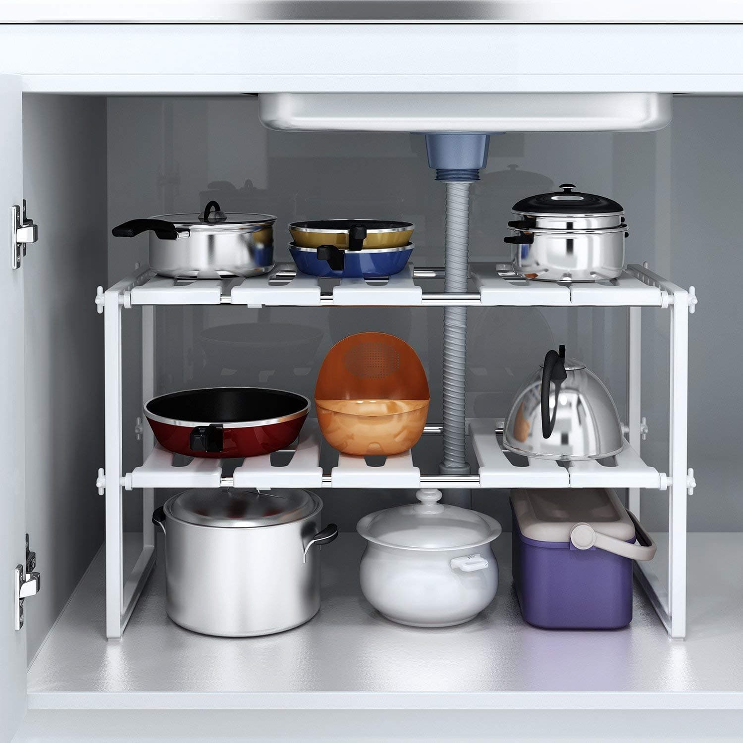 INOVERA (LABEL) Plastic 2 Tier Pool Space Under Sink Storage Organizer - Adjustable Kitchen Rack Holder - Expandable Cabinet Shelf (50-68L x 25B x 41.5H cm, White)