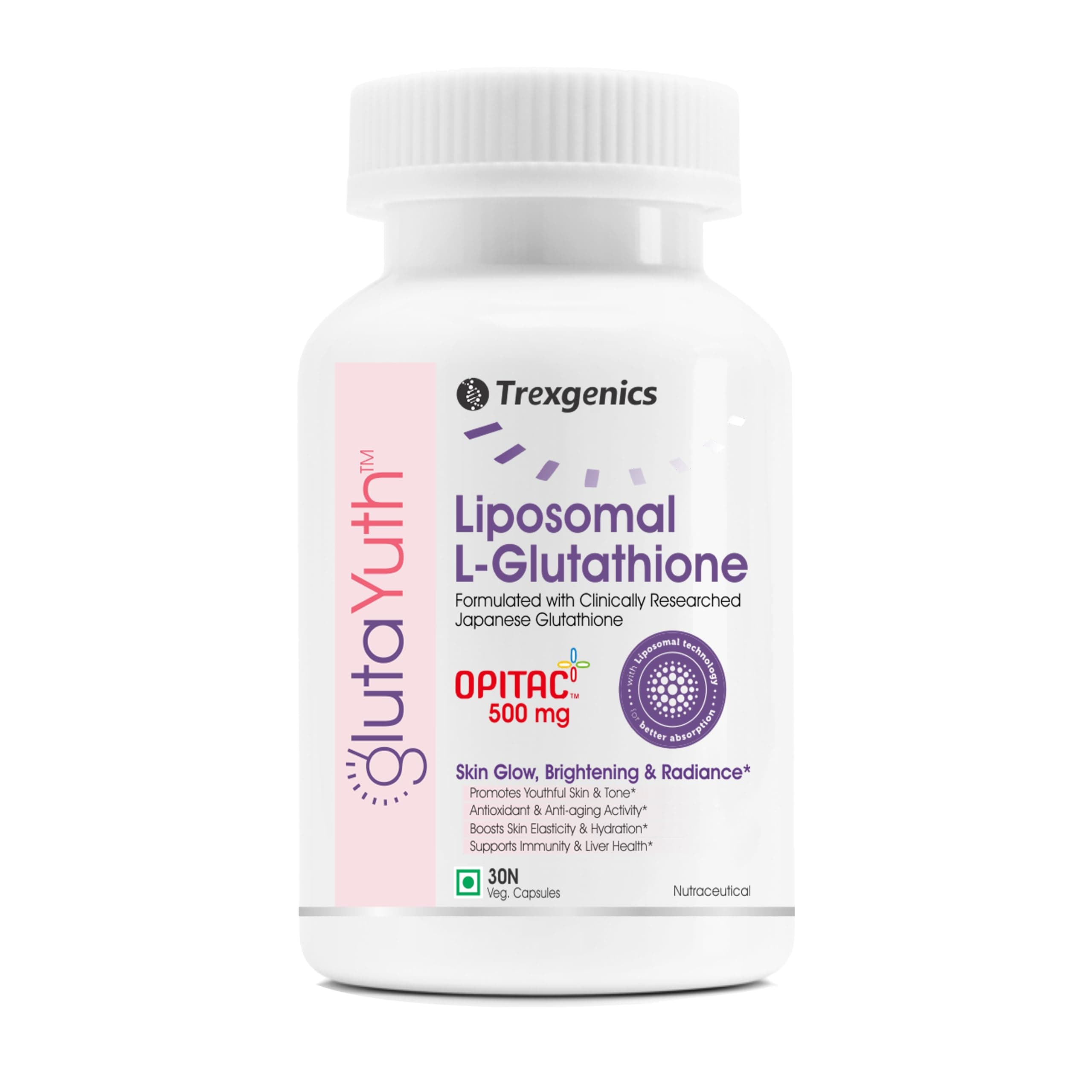 GlutaYuth Liposomal OPITAC 500 JAPANESE L-Glutathione 500 mg with Phosphatidylcholine Phospholipid Technology Youthful Skin, Glow, Radiance Complex (30 Veg Capsules) (Pack of 1)