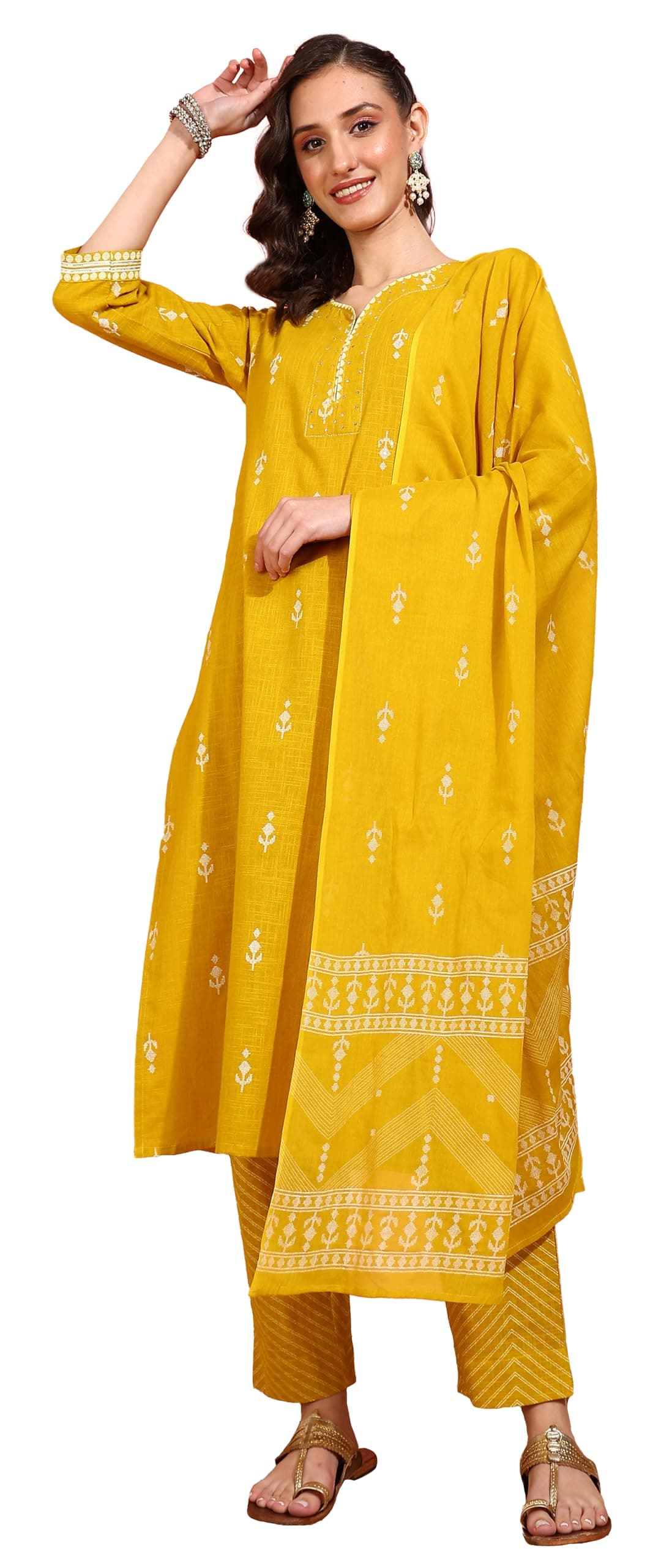 Yash Gallery Women's Mustard Cotton Slub 3/4th Sleeve Notch Neck Calf Length Floral Printed Gotta Detailing Straight Kurta Set with Pant & Dupatta