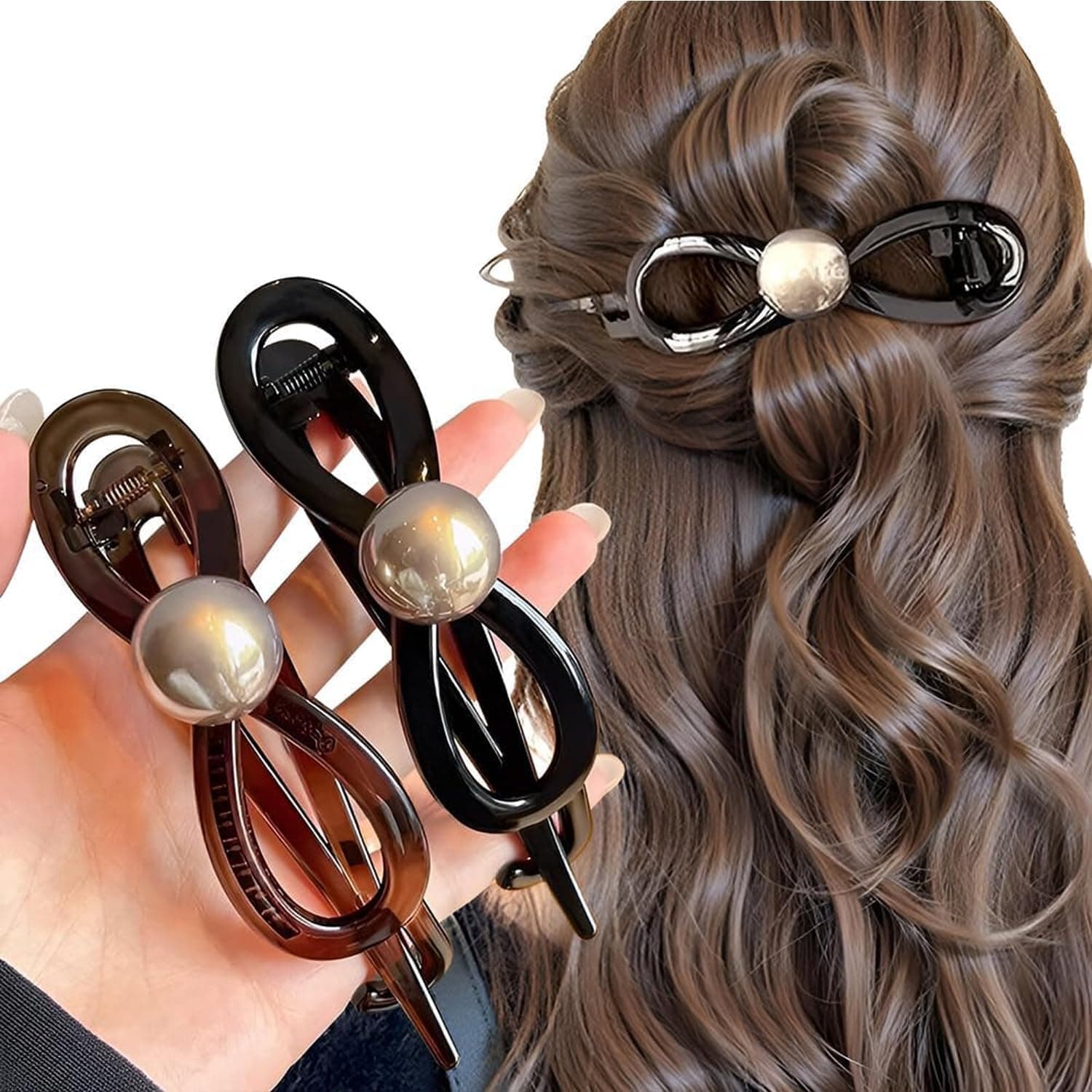 Melodio Pearl Bow Bobby Pin for Women, Elegant Barrette Hair Clip, Twist Style Bobby Pin for Updos, Non-Slip Decorative Hair Accessory for Buns (2PCS Brown+Black)