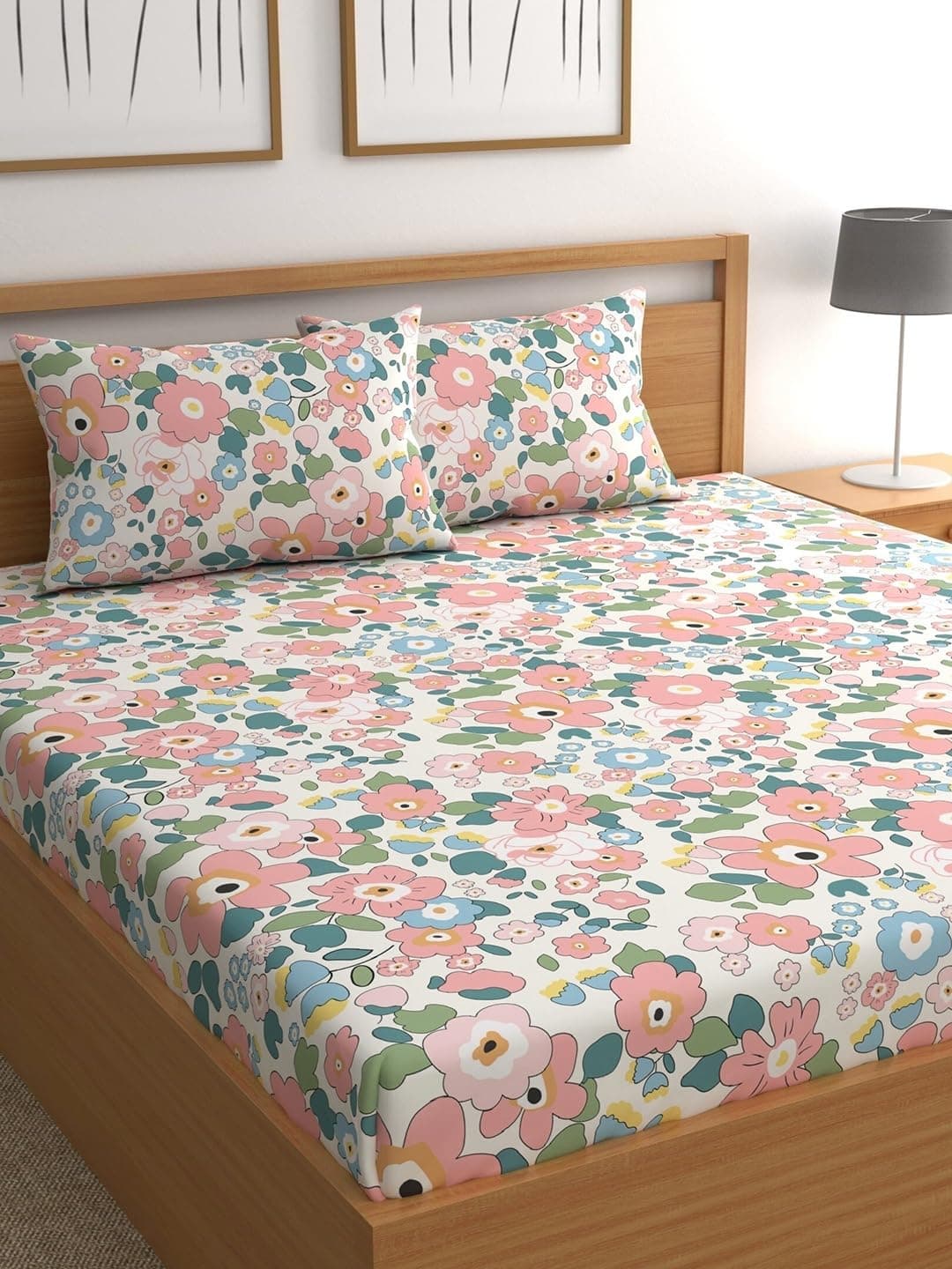 LOOMLYFE 300 TC Cotton Feel Glace Cotton Elastic Fitted Printed King Size Double Bed Bedsheet with 2 Pillow Covers Fits Upto 8 inches Mattress, Size- 72X78 Inches, Pinkflowers
