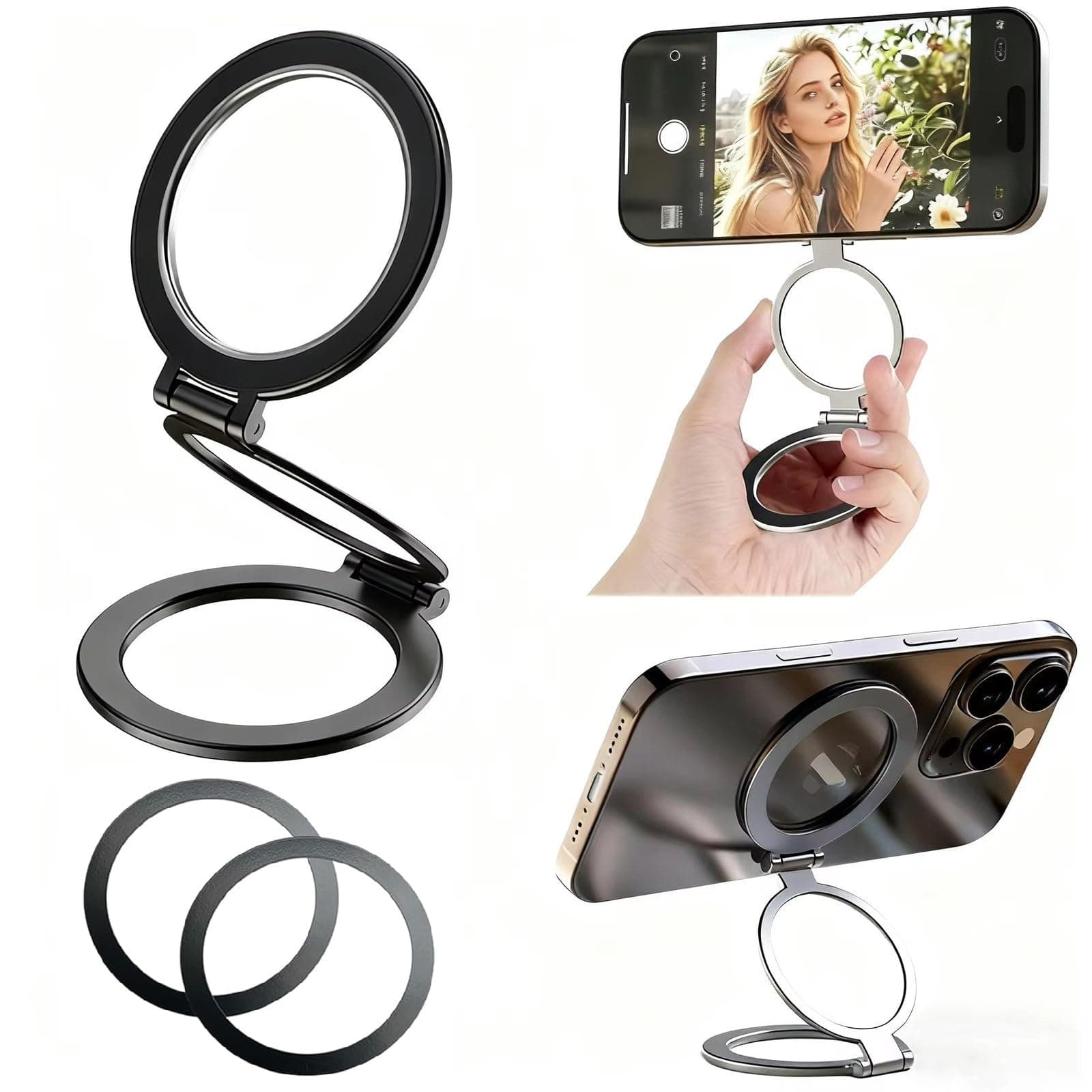 Gym Magnetic Phone Holder Upgraded Flexible Angled Arm Dual Magnets Adjustable for MagSafe iPhone 17 Pro Max Plus 16 15 12 Series, Black (Dual Sided Magnetic Finger Ring)