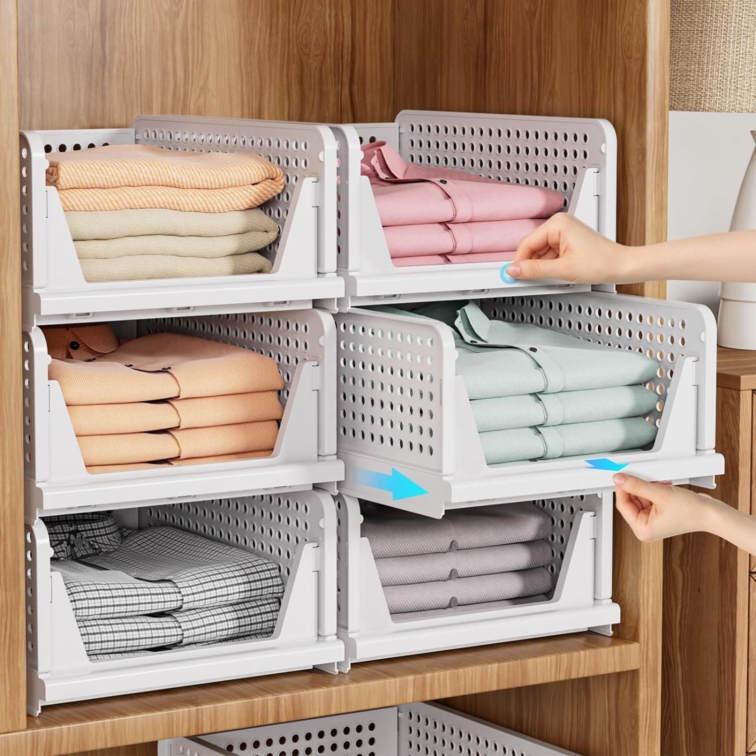HOMIFLY Set of 6 Large Foldable Cloth Storage Organizer/Stackable Wardrobe Organizer For Clothes/Multipurpose Sliding Basket/Rack Organiser for Storage/Shirt Stacker Box (44 x 33 x 109 cm, White)