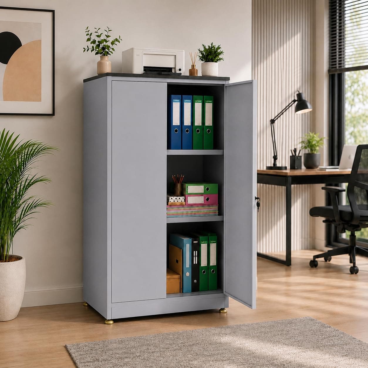 Amazon Brand - Solimo Steel Almirah 4.4 ft (0.8 mm Gauge) | Plain 2 Door Metal Cupboard with 3 Compartments | Powder Coated Rust Resistant Storage Cabinet for Home, Office & Library Grey