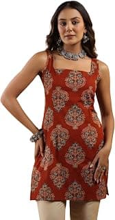 Rimeline Women's Printed Cotton Sleeveless Square Neck Kurti Top | Straight Fit Ethnic Casual Tunic