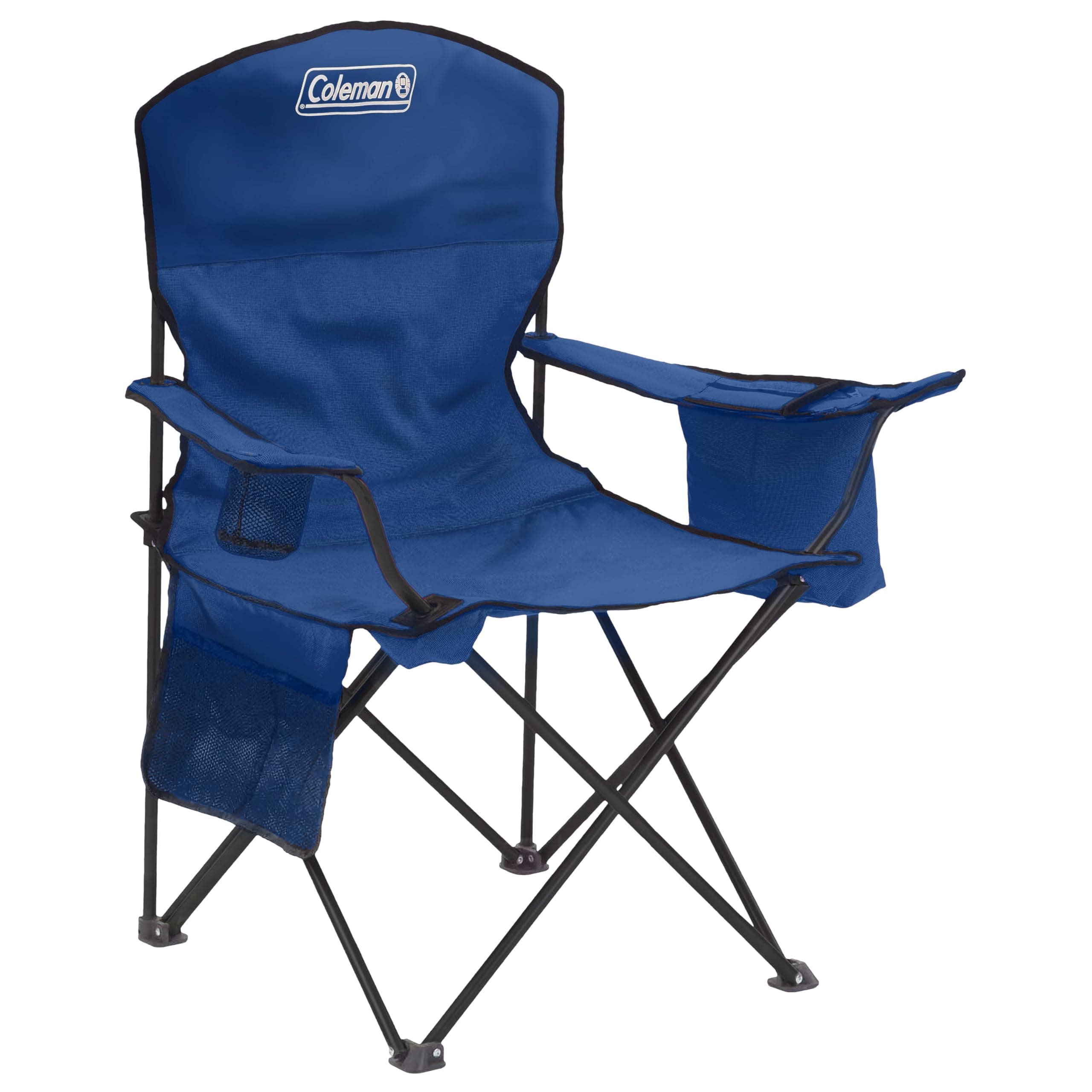 Coleman Polyester Sturdy Foldable Oversized Quad Camping Chair with Attached Can Cooler and Cup Holder (Blue)