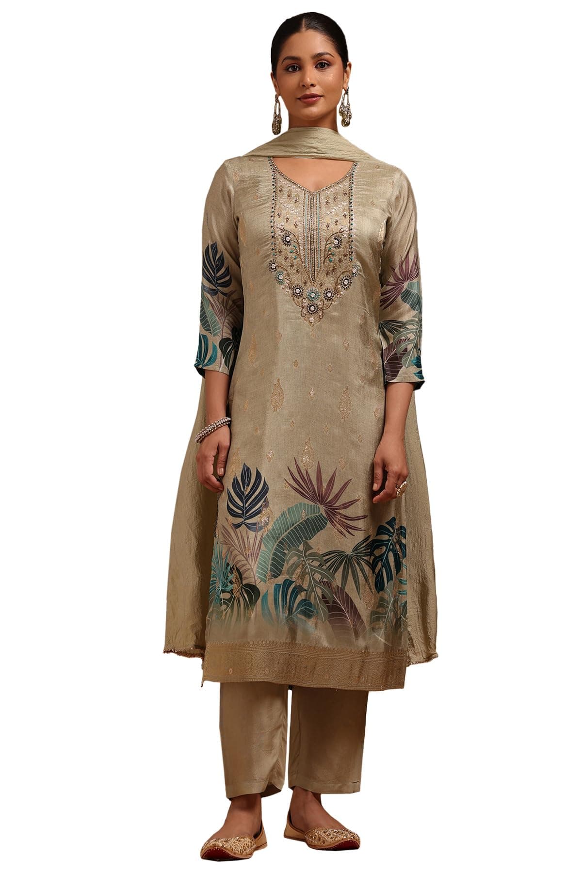 Soch Womens Russian Silk Botanical Print Suit Set With Stone Work