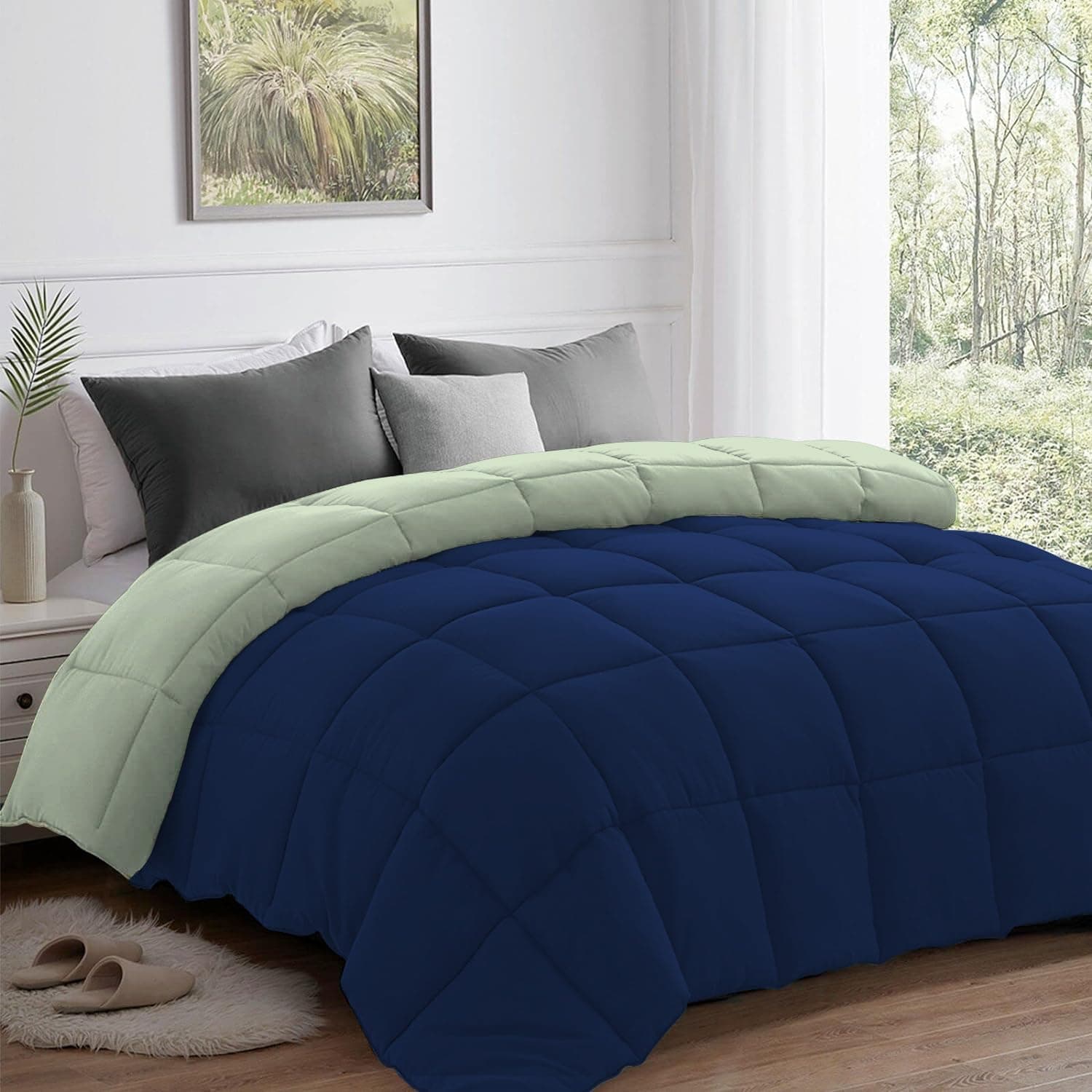 AYKA Reversible Comforter 220 GSM Microfiber Reversible AC Comforter/Blanket for Winter/Quilt/Dohar/Duvets for King Size Blanket/Comforter Double Bed (Olive & Navyblue, 60 * 90")
