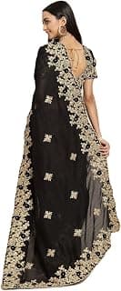 SUBEKYU Embroidered Saree with Gold Floral Zari Work, Traditional Indian Ethnic