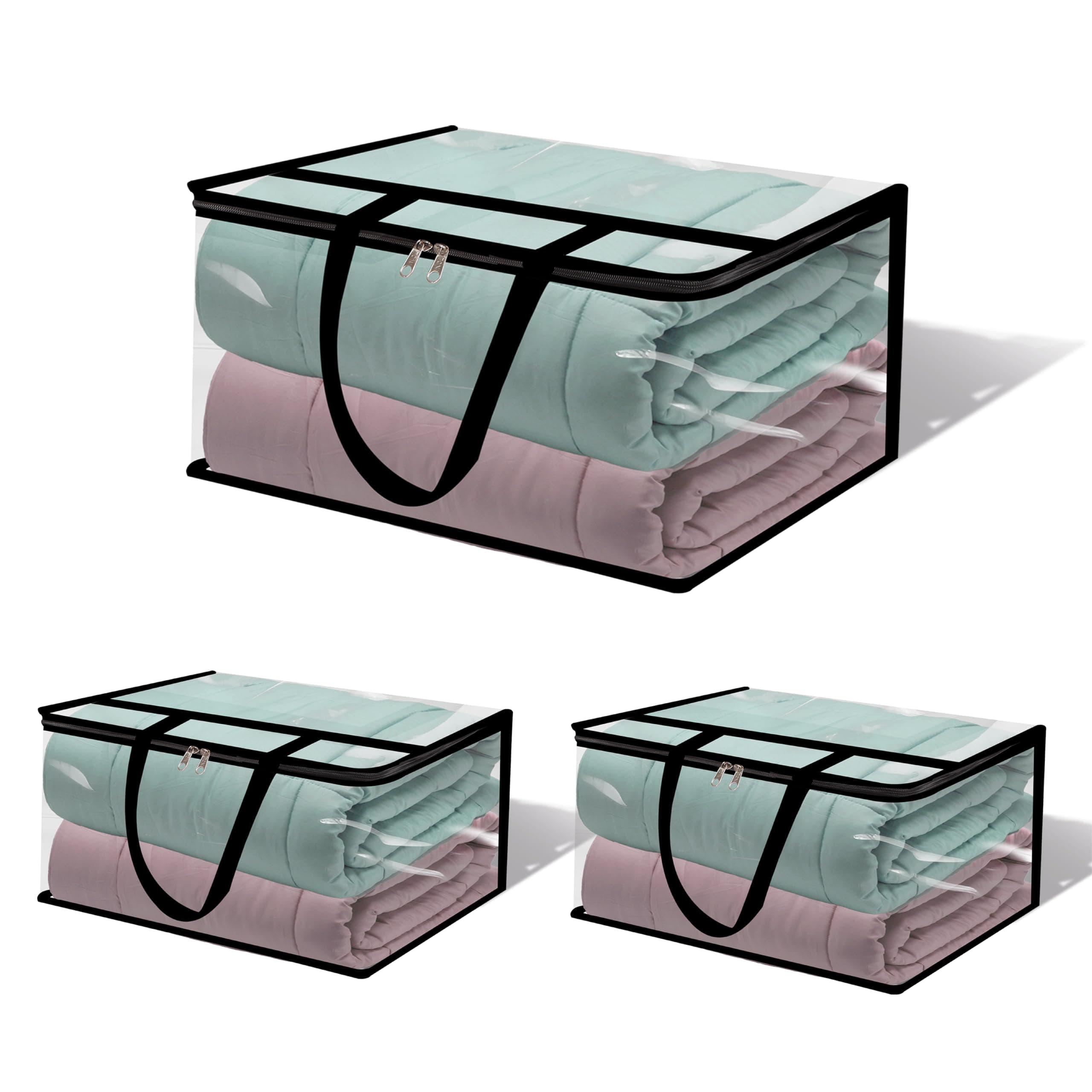 TAKIVA Clear Transparent Clothes Storage Bags | Plastic Blanket Storage Bags, Saree Covers with zip | Saree Organizer for Wardrobe | Transparent Storage Bag for Blenket, Clothes (Pack of 3)