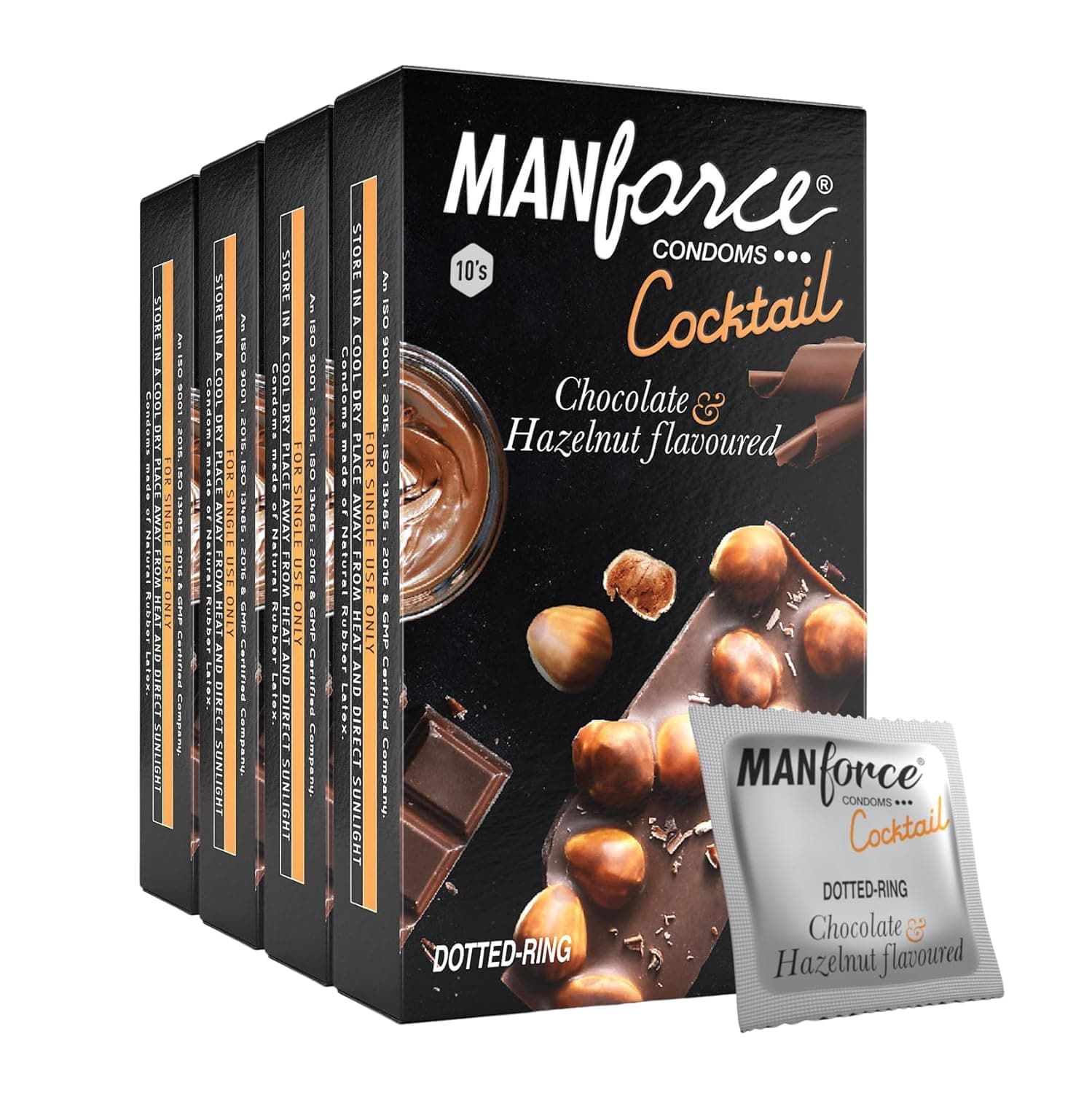 Manforce Cocktail Chocolate & Hazelnut Flavoured Condoms for Men| 40 Count (Pack of 4)| With Dotted Rings| Double the Fun with Double Flavour