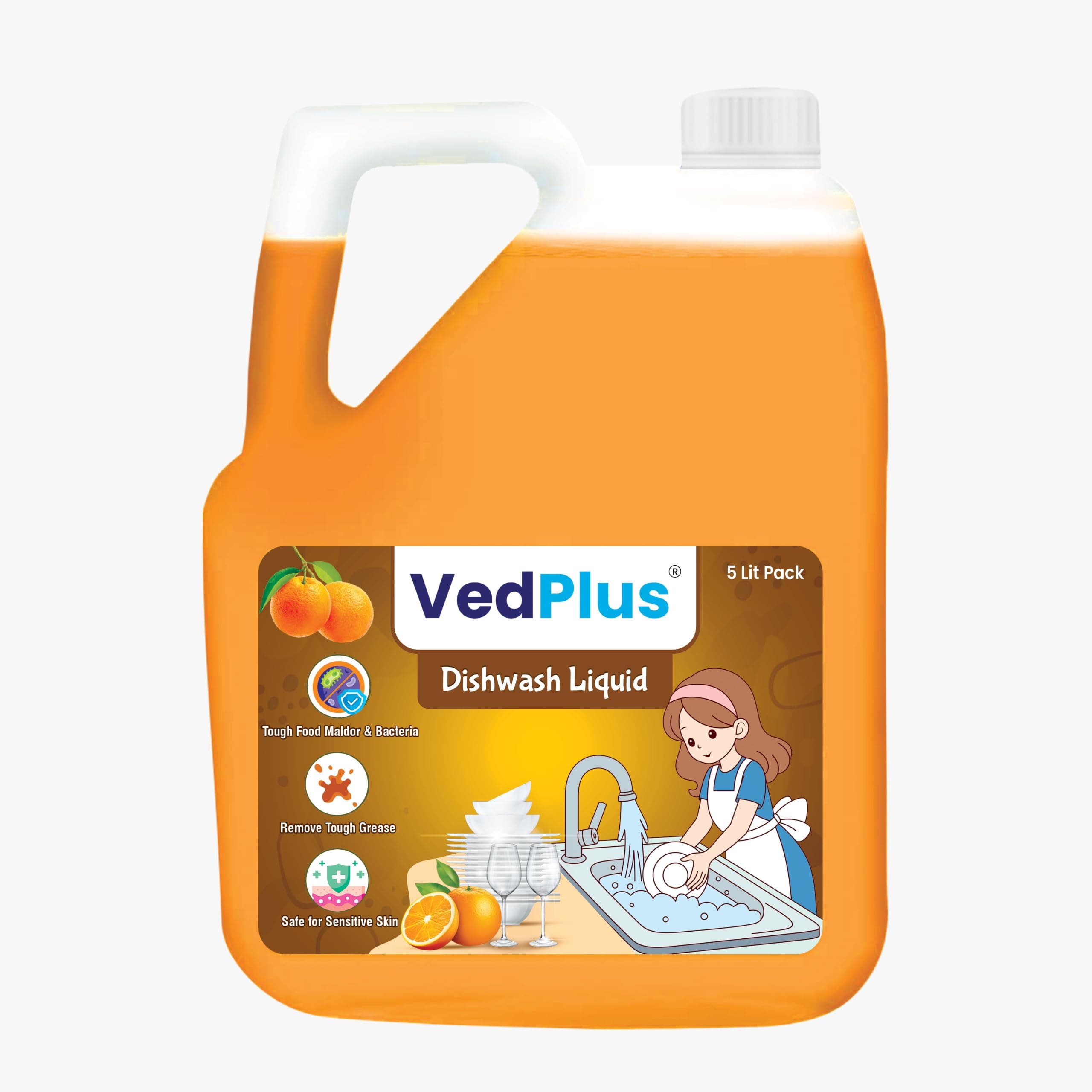 VedPlus Dishwash Liquid – 5L | Powerful Grease & Stain Remover | Gentle On Hands | Refreshing Citrus Fragrance | Removes Food Odor | Safe For Sensitive Skin | Ideal For Home & Commercial Use