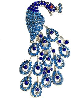Mahi Sparkling Blue Crystals Peacock-Shaped Brooch/Saree Pin for Women (BP1101029R)