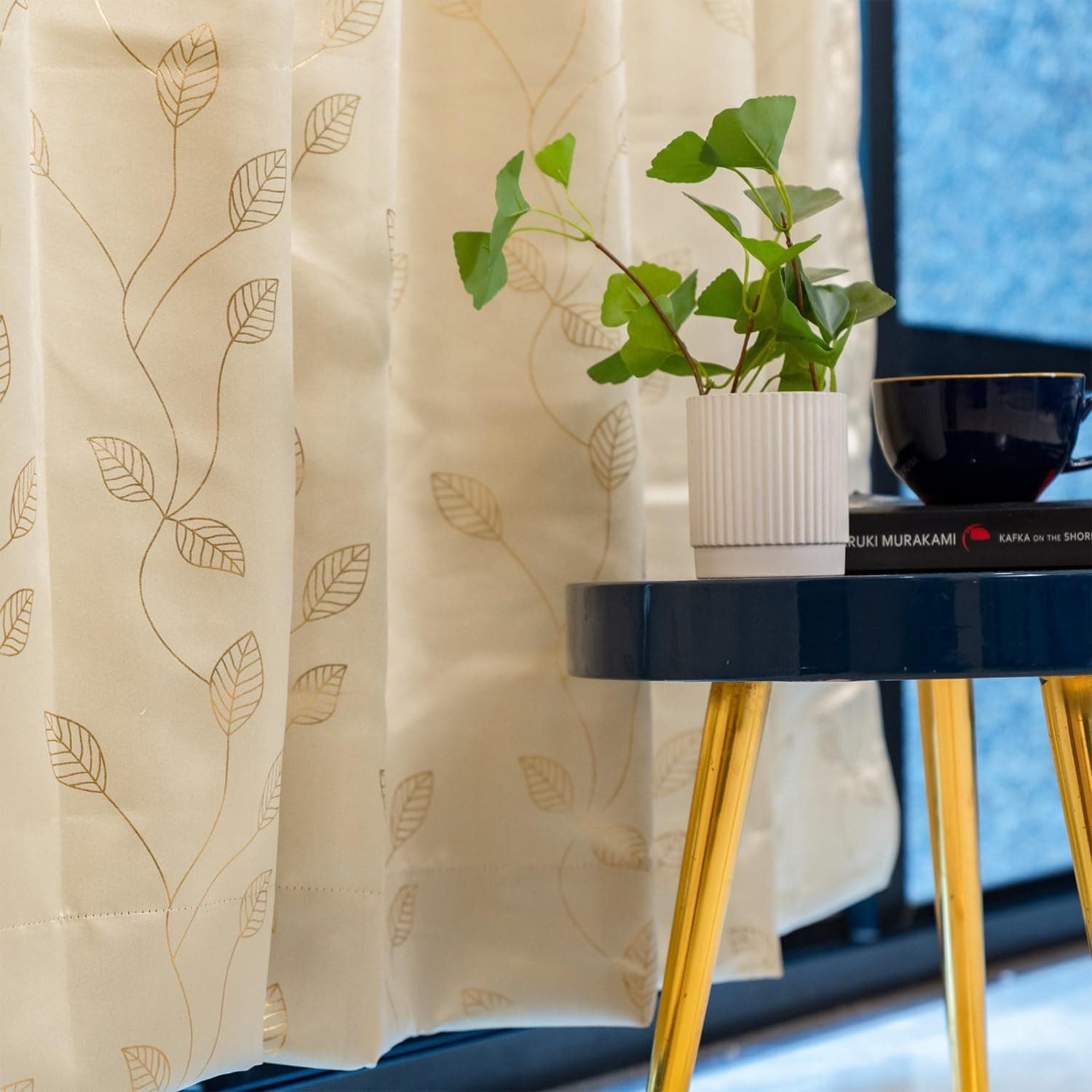Urban Space 80-85% True Blackout Curtains for Window, Gold Foil Printed Blackout Curtains, Blackout Decorative Window Curtain Eyelet with Tieback, 1 Piece Curtain for Living Room(Leaf Beige, 5 Feet)