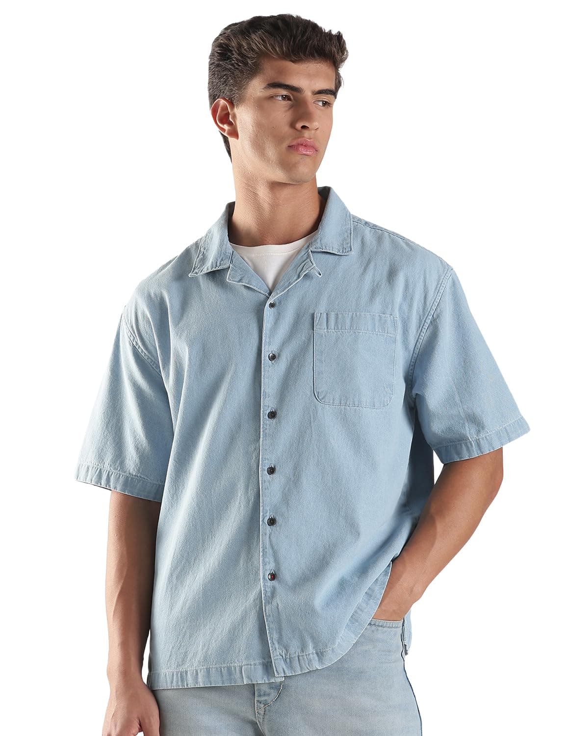 INKD Men’s Casual Denim Shirt – 100% Cotton | Half Sleeves | Oversized Fit | Single Patch Pocket | Resort Collar