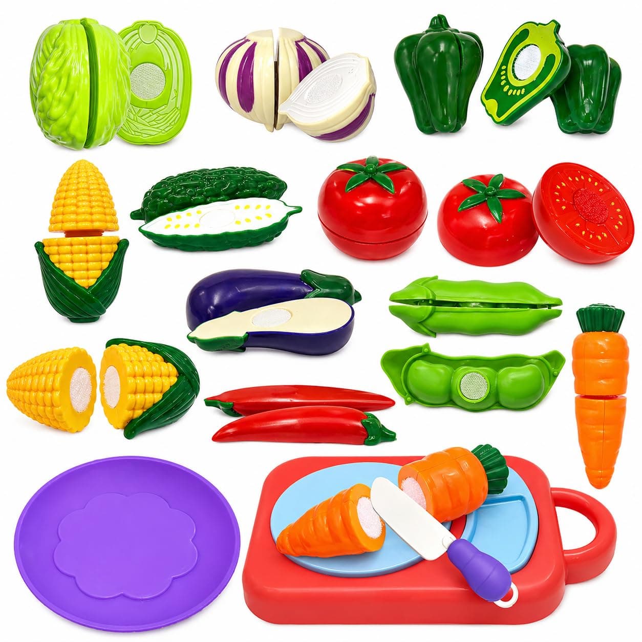 PLUSPOINT Vegetable Cutting Toy Set for Kids, Pretend Play Kitchen Toys with Slicing Veggies, Toddler Learning Toys, Educational Play Food Set with Knife & Cutting Board, Gift for Boys Girls