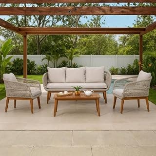 Royaloak Seattle American Braided Rope Three & Two Seater Outdoor Sofa Set with Coffee Table | Premium Braided Rope, Rust-Proof Steel Frame, Sturdy Acacia Legs | Patio Contemporary Design