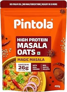 Pintola 26g High Protein Masala Oats 400g, Magic Masala, Breakfast Cereal with High Fiber & Veggies, No Palm Oil, No Preservatives, 5 min Healthy Snack, Helps Manage Weight, Gym Endurance & Gut Friendly