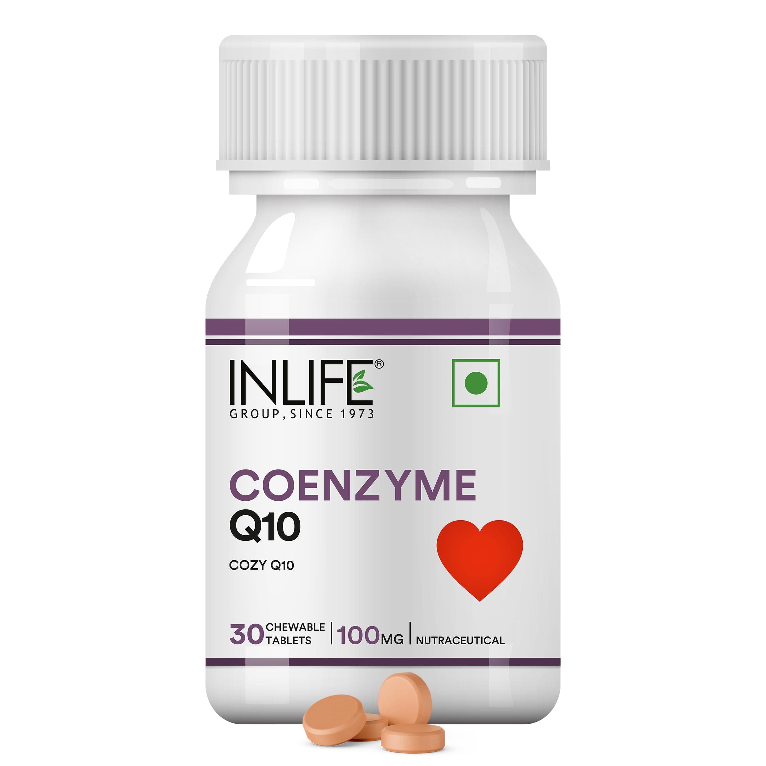 INLIFE Coenzyme Q10 CoQ10 100mg, Ubiquinone Chewable Supplement, Heart Health & Cellular Energy Support, Men Women, 30 Tablets (Pack of 1)