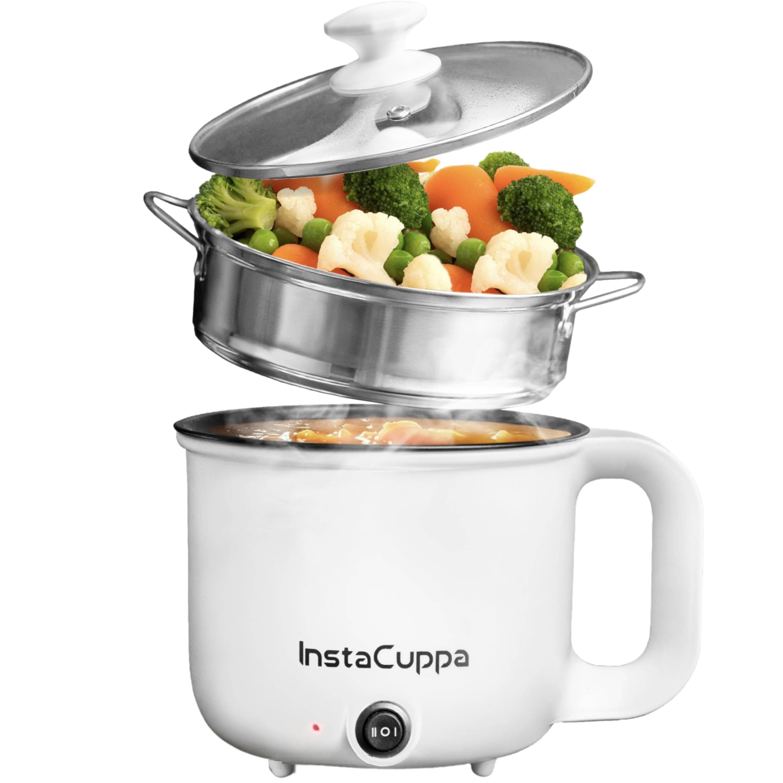 InstaCuppa Stainless Steel 3-In-1 1.2Liter Multi Cook Kettle With Steamer, Non-Stick Inner Pot, Adjustable Temperature, Ideal For Boiling Milk, Tea, Coffee, Eggs & Steaming Veggies, 600 Watts, White