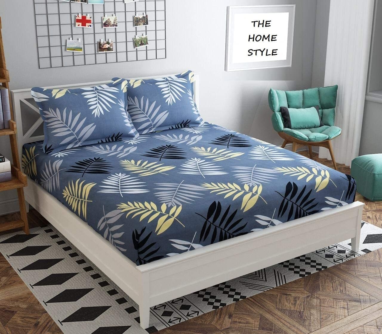 THE HOME STYLE Cotton Feel Glace Cotton 300 Threadcount Elastic Fitted All Around Elastic Printed King Size Double Bed Bedsheet with 2 Pillow Cover 72" X 78", Midnight Leaf, Green, Upto 350 tc